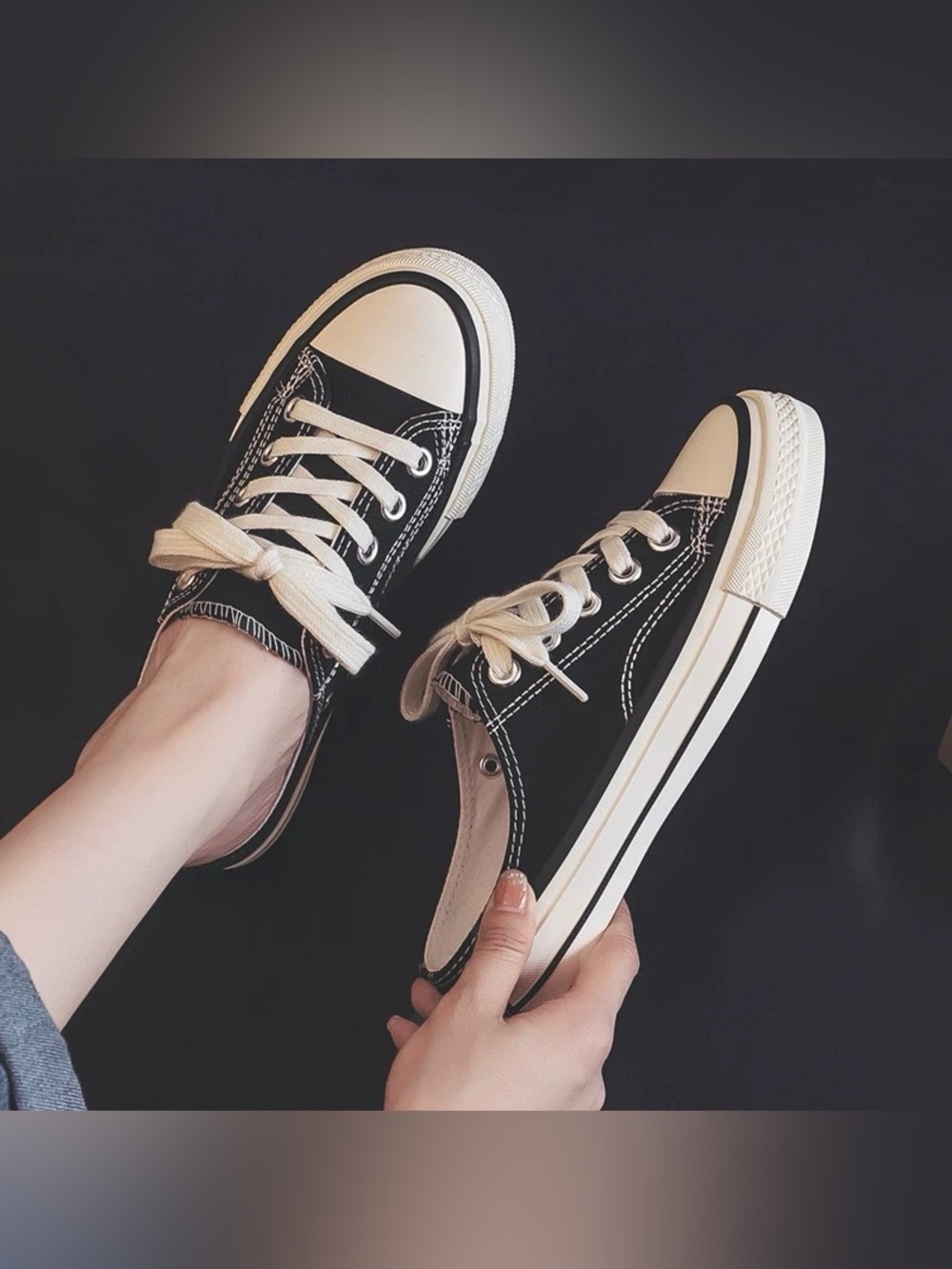 Black Canvas Slip-On Mule Sneakers with White Trim - Picture 2 of 4